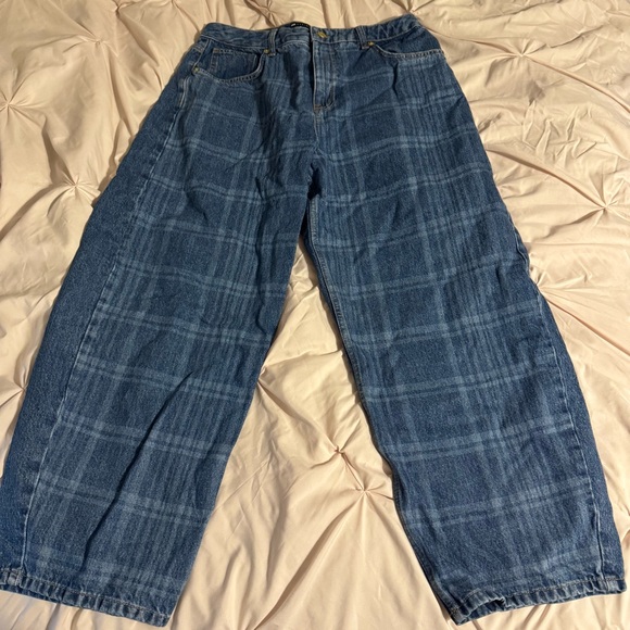 ASOS Denim - ASOS Blue Plaid Flare & Wide Leg Jeans